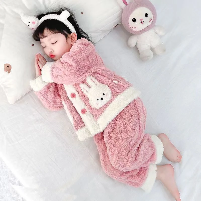 女童法兰绒睡衣套装儿童珊瑚绒睡女孩家居服衣秋冬季宝宝加绒加厚