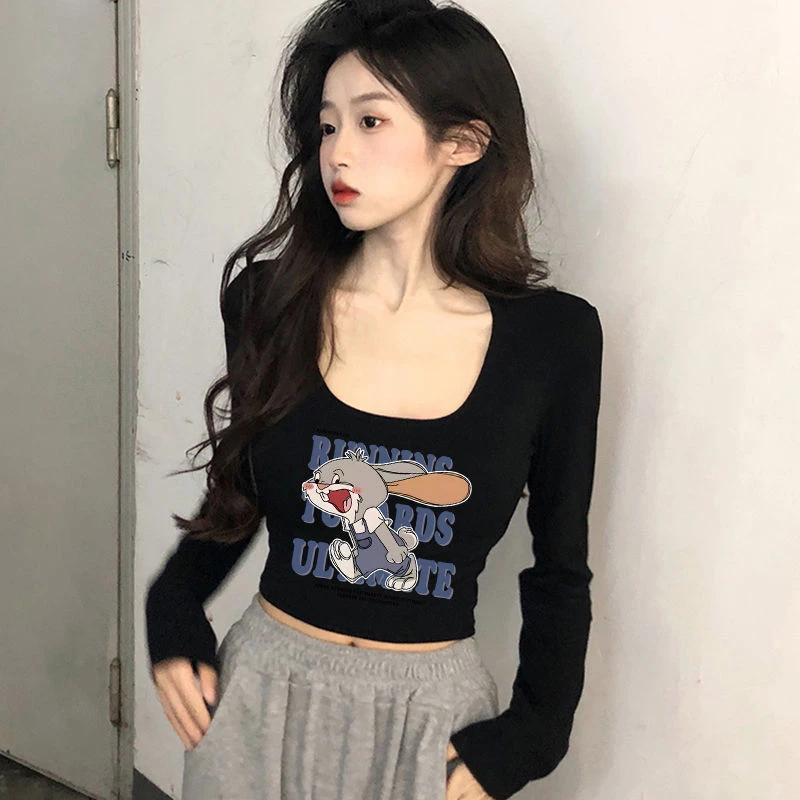 纯欲风辣妹u领长袖t恤女秋季高腰露脐黑色内搭打底衫修身短款上衣