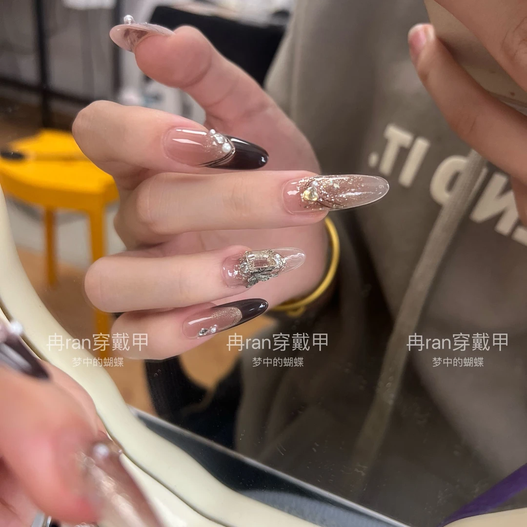 【梦中的蝴蝶】冉冉长椭圆秋冬咖色法式蝴蝶花纯手工穿戴甲