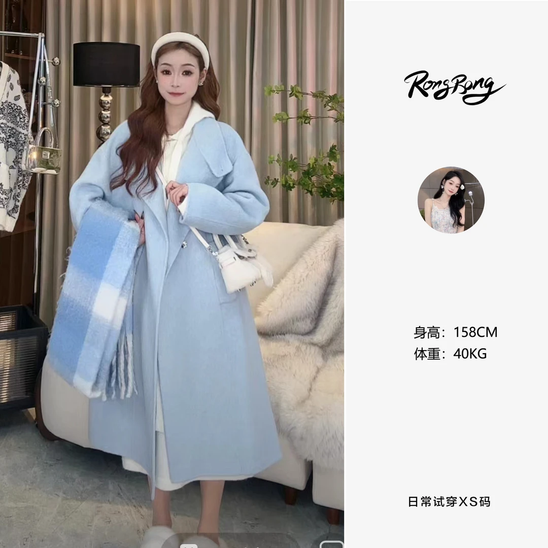 【妍妍专属】XS1063秋冬大衣人字纹高级感气质加厚长款毛呢外套女