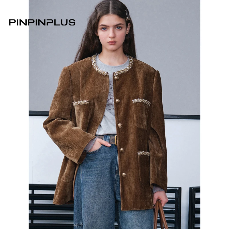 「PINPINPLUS」玛瑙派对复古钉珠雪尼尔绒小香风外套8C71161GP