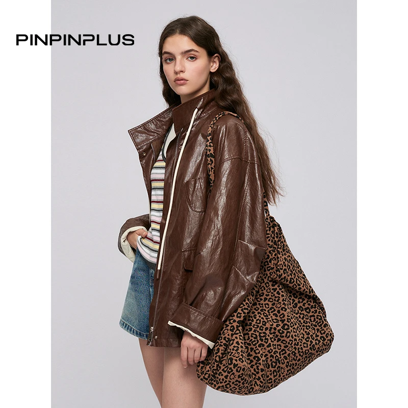 「PINPINPLUS」玫瑰日记工装风抽绳立领皮衣夹克外套8C70161KP