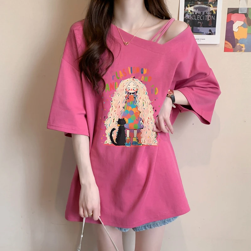 纯棉斜领短袖T恤女夏季2024爆款宽松设计感小众百搭休闲半袖上衣