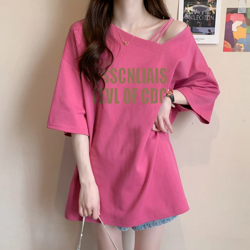 斜领短袖T恤女夏季2024新款宽松中长款洋气百搭休闲半袖纯棉上衣