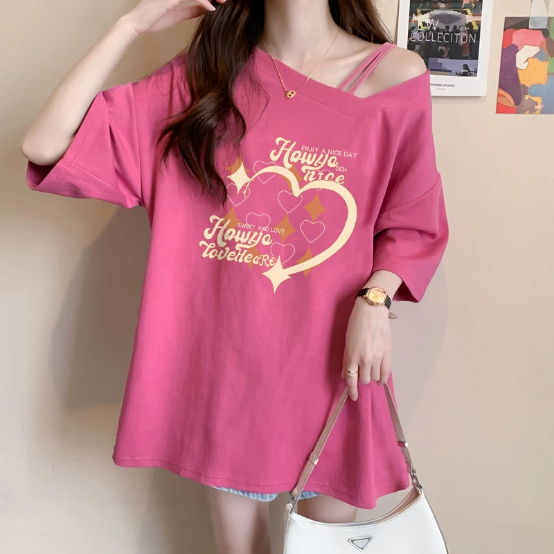 宽松中长款短袖t恤女夏季2024新款斜领设计感洋气大码纯棉上衣ins