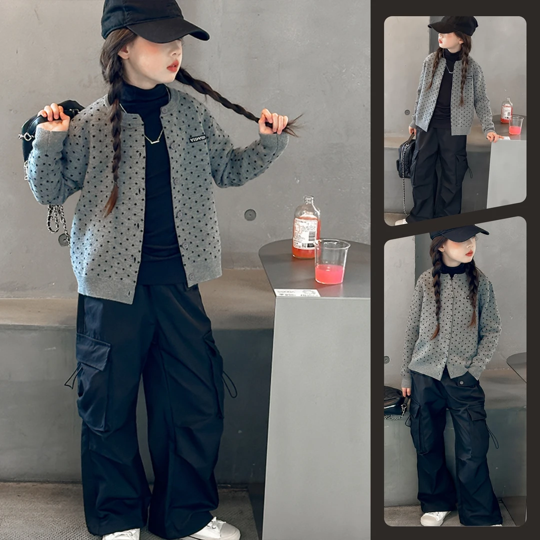 女童波点针织毛衣开衫外套中大童儿童6-12岁洋气休闲韩版春秋潮款