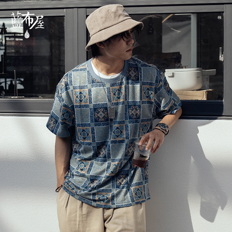 蓝布屋旗舰店 夏季重磅满印宽松圆领休闲短袖T恤男女TKBLTEE268