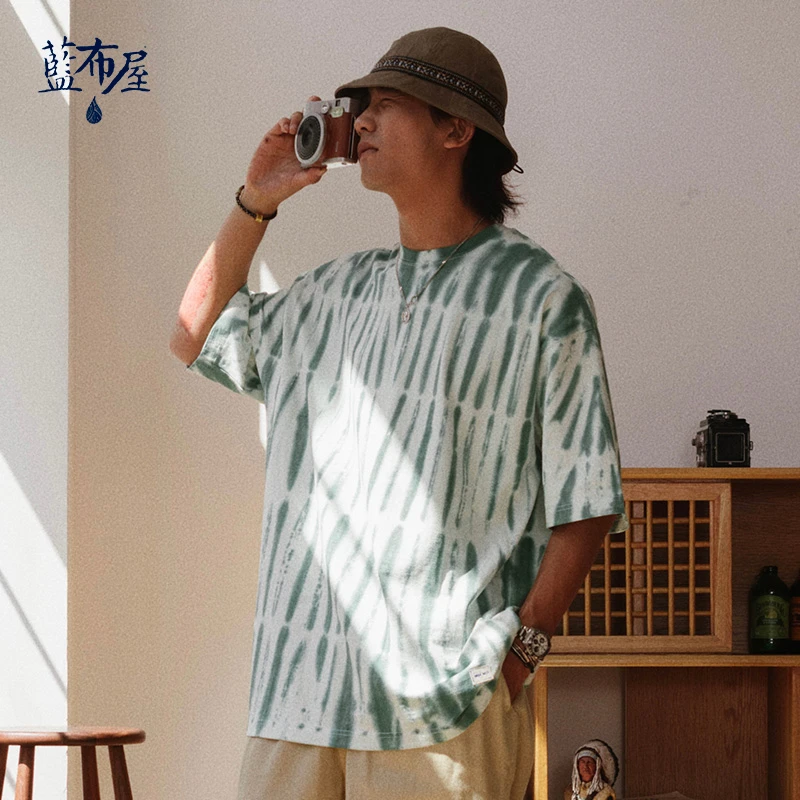 蓝布屋夏季360g重磅手工扎染复古宽松短袖T恤男女半袖TKBLTEE134