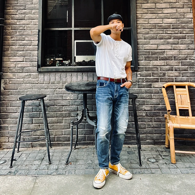 蓝布屋旗舰店 经典复古水洗补丁微弹赤耳丹宁小脚九分牛仔裤1984