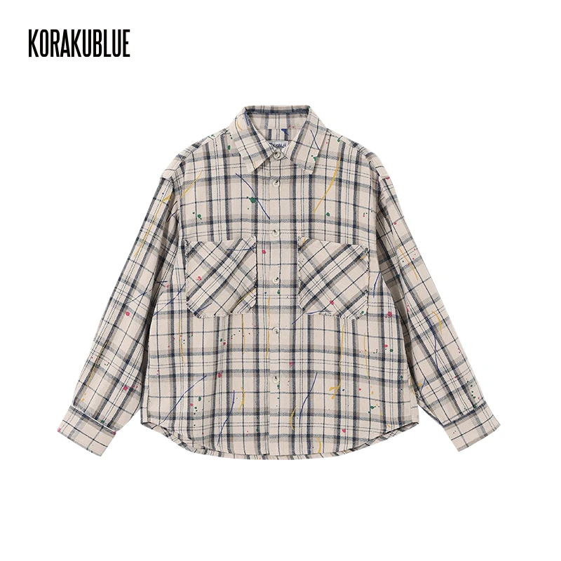 「R13同款」蓝布屋250克泼漆法兰绒格纹口袋宽松长袖衬衫TKBLSHT682