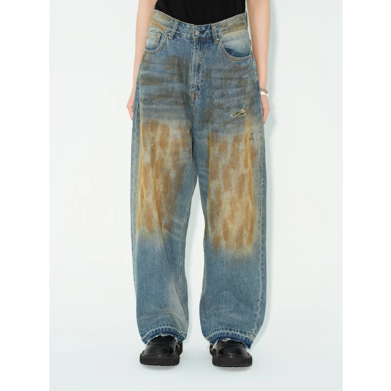 做旧泥洗脏脏裤垮裤复古宽松纯棉水洗牛仔裤蓝布屋女装TKBLDNM499