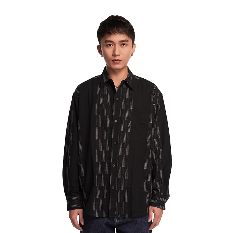 蓝布屋旗舰店刺子绣提花宽松休闲棉麻长袖衬衫男士衬衣TKBLSHT720