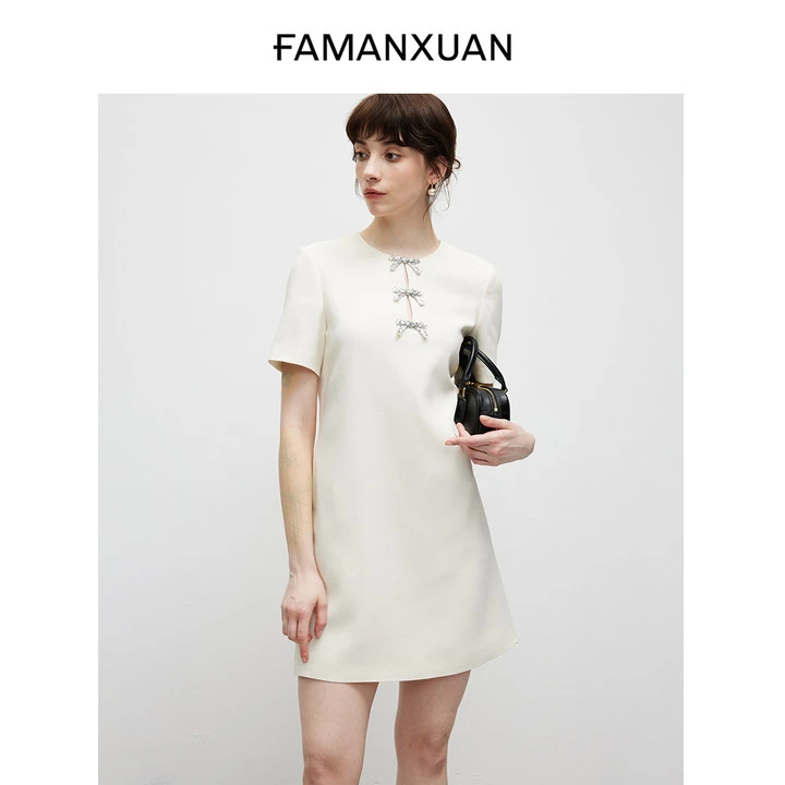 【法曼萱】白色醋酸连衣裙女小个子夏新款中式国风短款直筒小黑裙