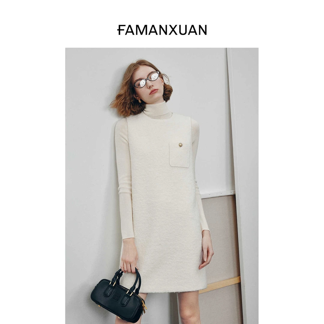 【法曼萱官方】法式绵羊毛无袖连衣裙女冬季小香风气质a字中长裙