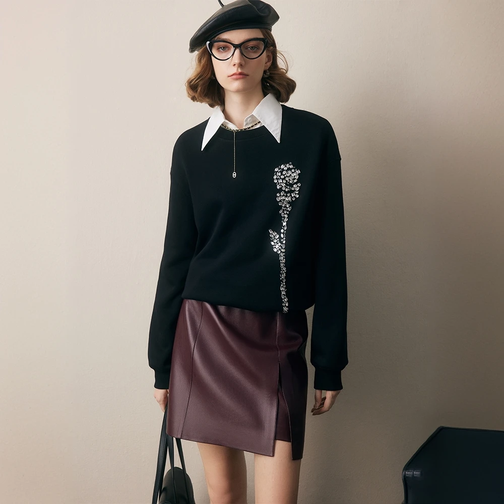 【法曼萱官方】法式蓝色手工钉钻拉绒卫衣女小个子秋冬新款上衣