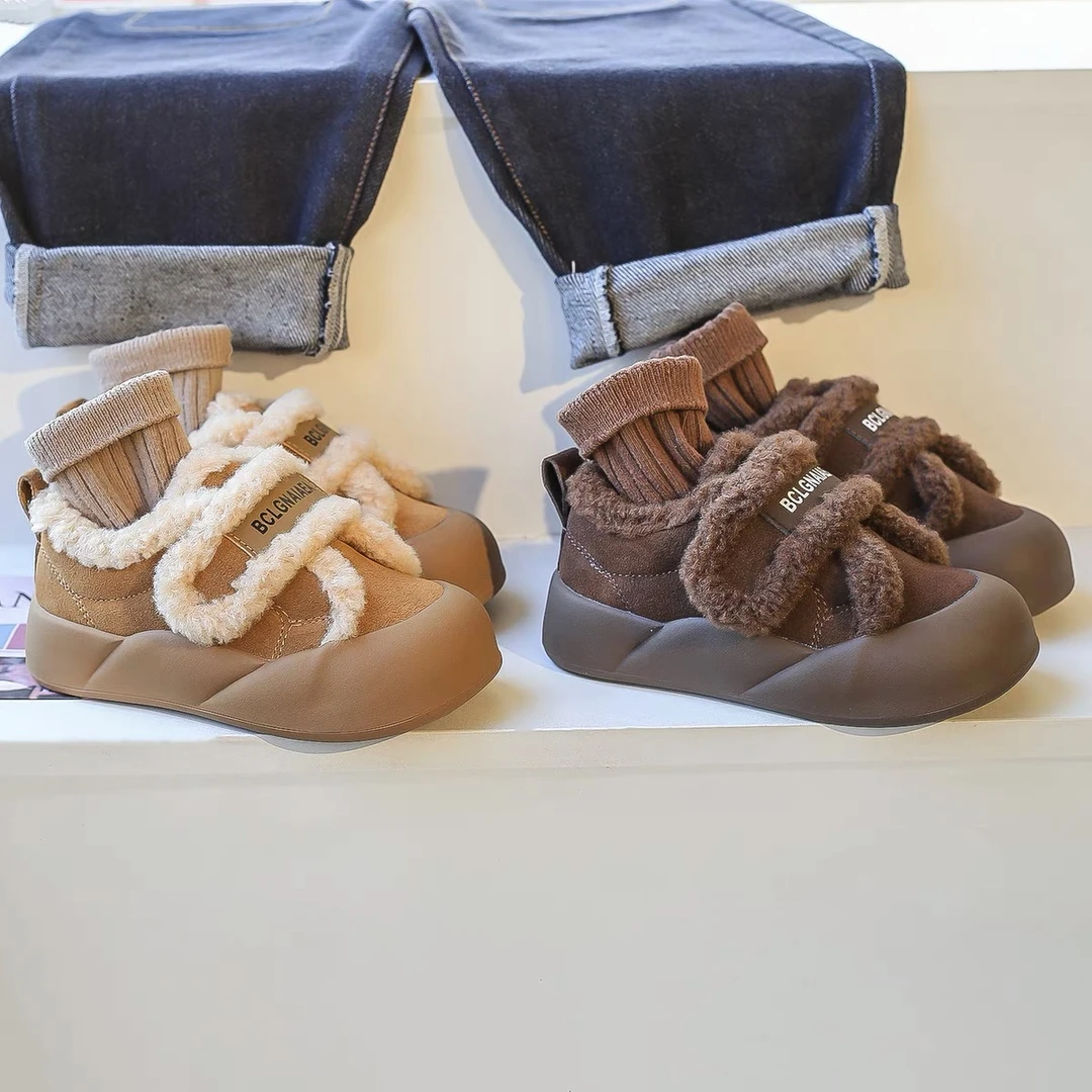 儿童加绒棉鞋2024冬季新款男童加棉加厚毛毛鞋女童美拉德宝宝鞋