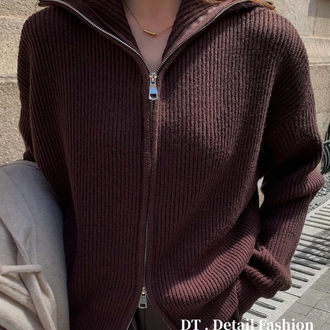 日韩爆款高级感双拉链高领坑条针织开衫女2024秋冬宽松显瘦上衣潮