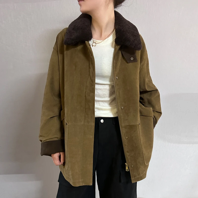 2024冬新款正绒鹿绒面进口山羊皮真皮皮衣中长裤宽松版鹅绒羽绒服