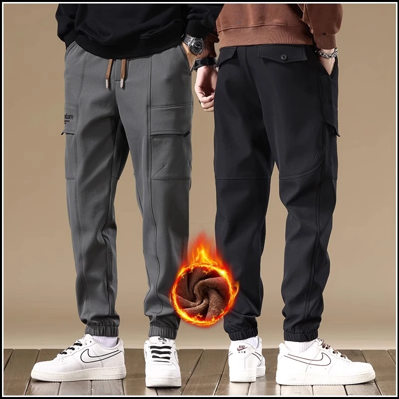 男士工装裤潮牌百搭保暖运动裤子男秋冬季宽松抽绳加绒束脚休闲裤