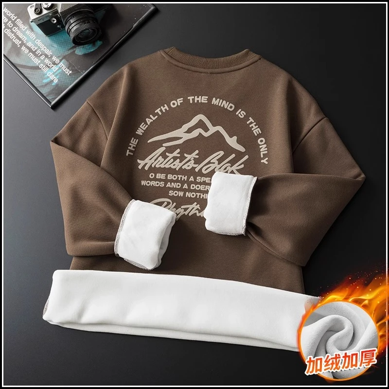 男士ol卫衣加绒加厚保暖内搭打底衫冬季新款潮牌印花圆领男装长袖