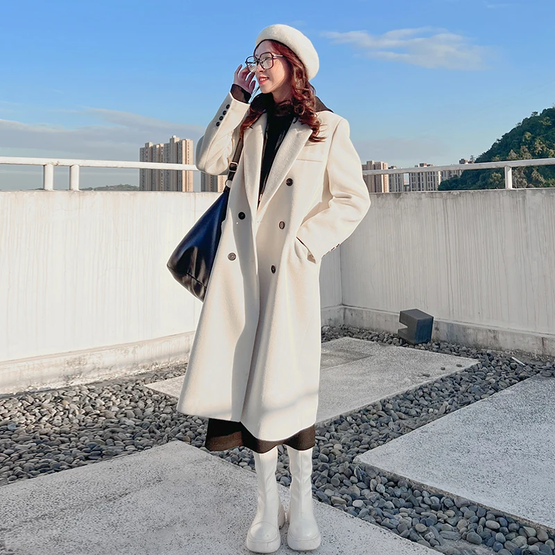毛呢大衣女冬季加厚新款宽松正肩廓形双排扣中长款呢子西装外套