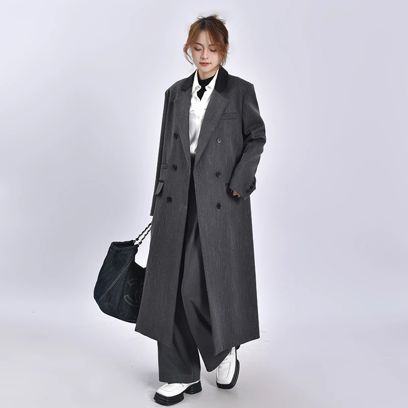 拼色西装外套女秋季新款时尚条纹高级感通勤廓形正肩西服正装大衣