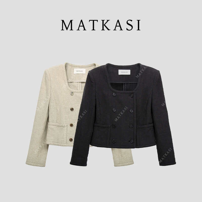 MATKASI 方领双排扣设计亚麻小众穿搭短外套