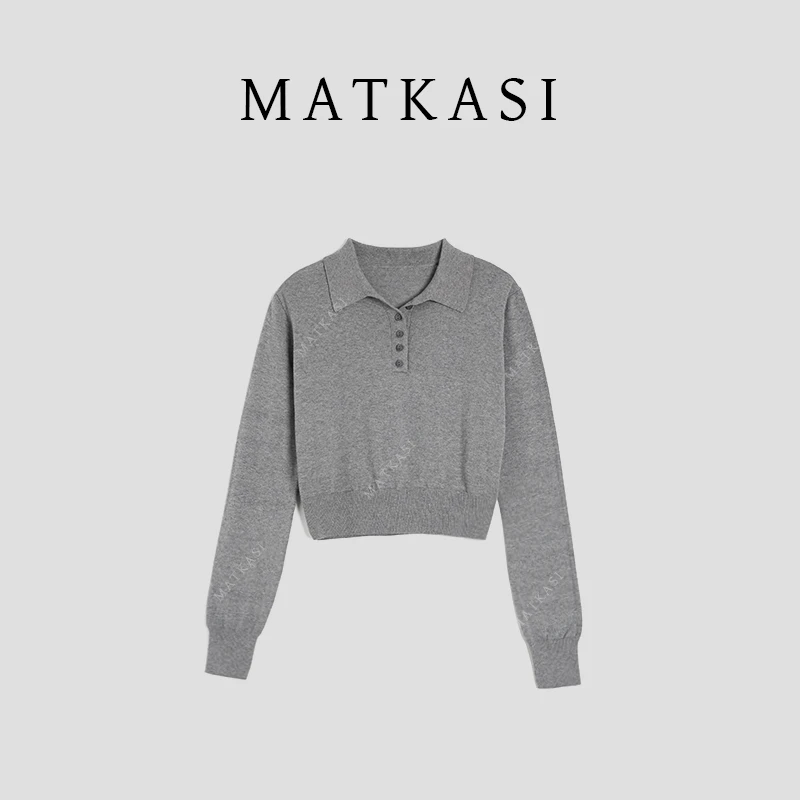 MATKASI 格雷系浅灰翻领半排扣收腰显瘦polo针织衫