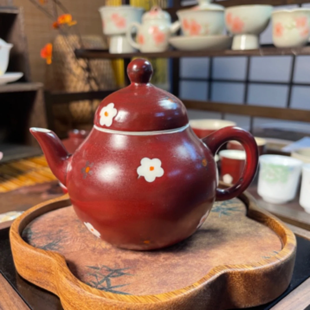 手绘山楂红五瓣花系列茶壶梨壶