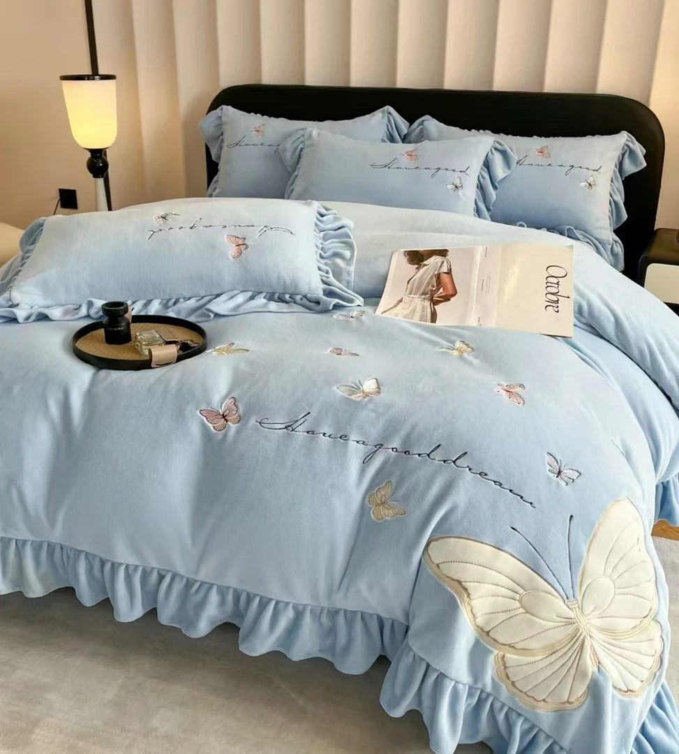 韩版花边款加厚牛奶绒宝宝绒四件套床上用品被套加绒双面绒