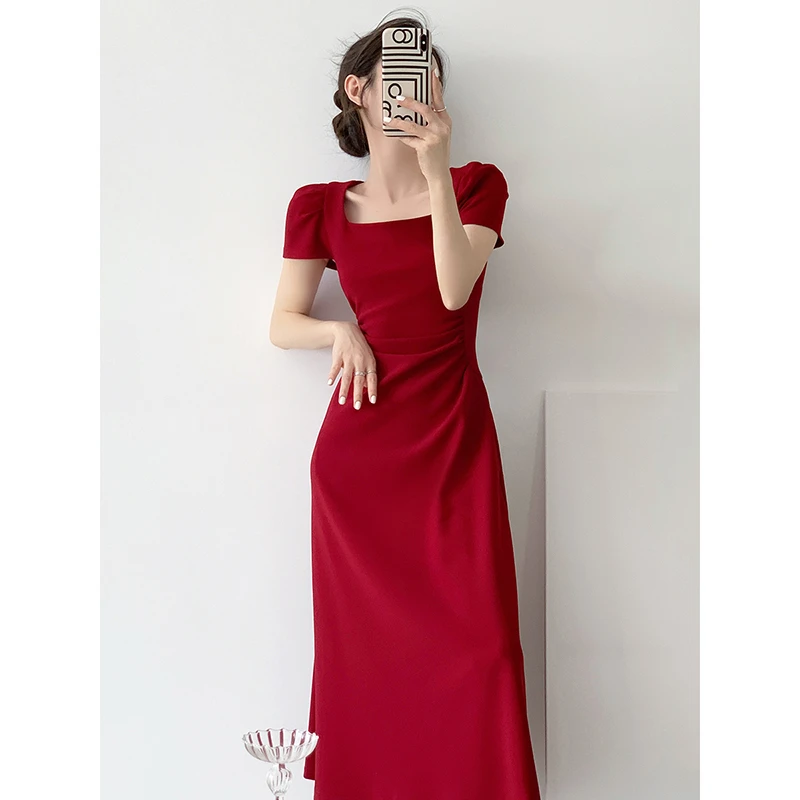 红色短袖连衣裙女夏季法式订婚礼服敬酒服平时可穿红裙子收腰长裙