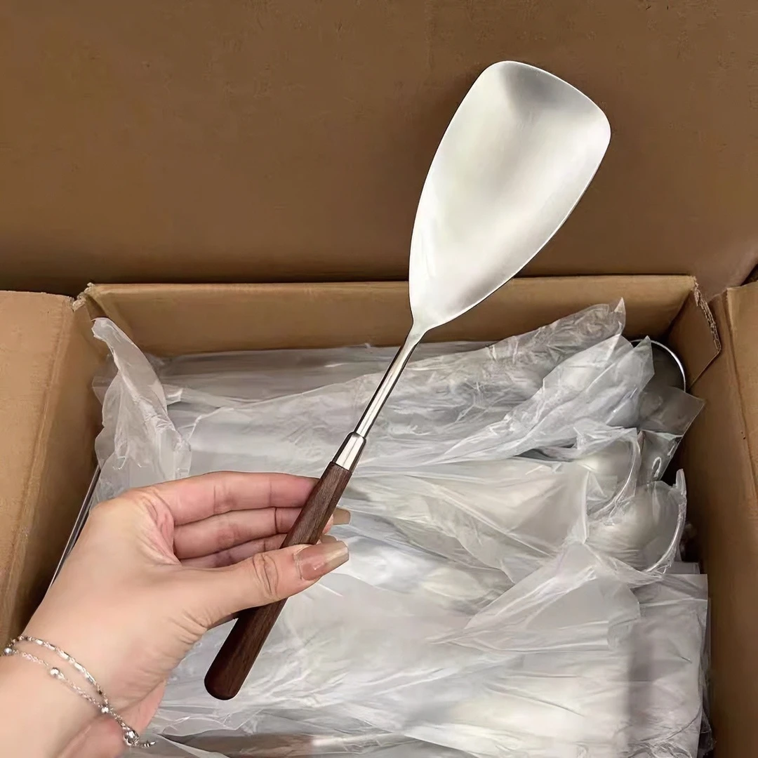 胡桃木炒菜小锅铲304不锈钢分餐餐厅料理铲厨房盛米饭勺公用菜勺