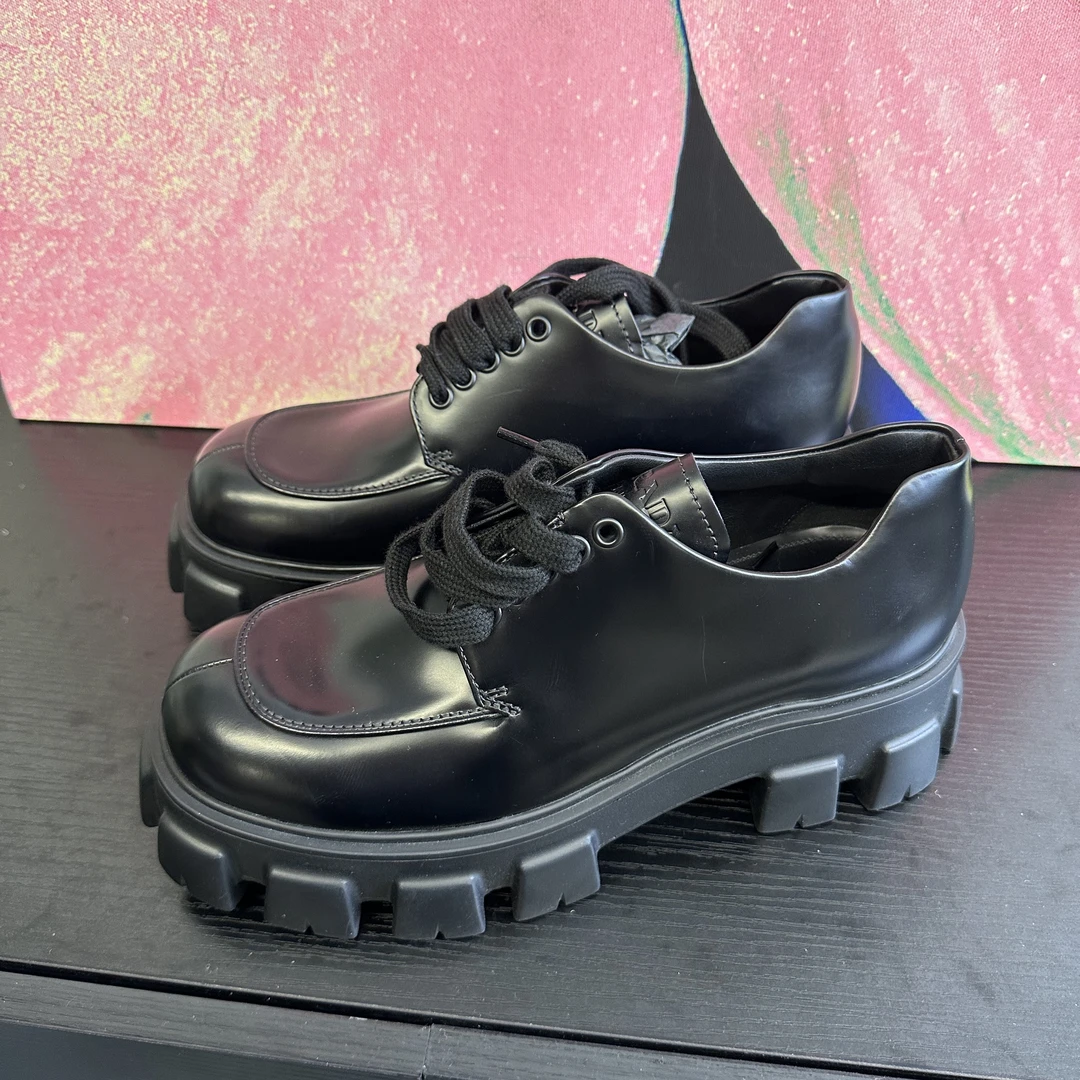 99新 Prada/普拉达 皮革时尚系带乐福鞋百搭休闲厚底皮鞋