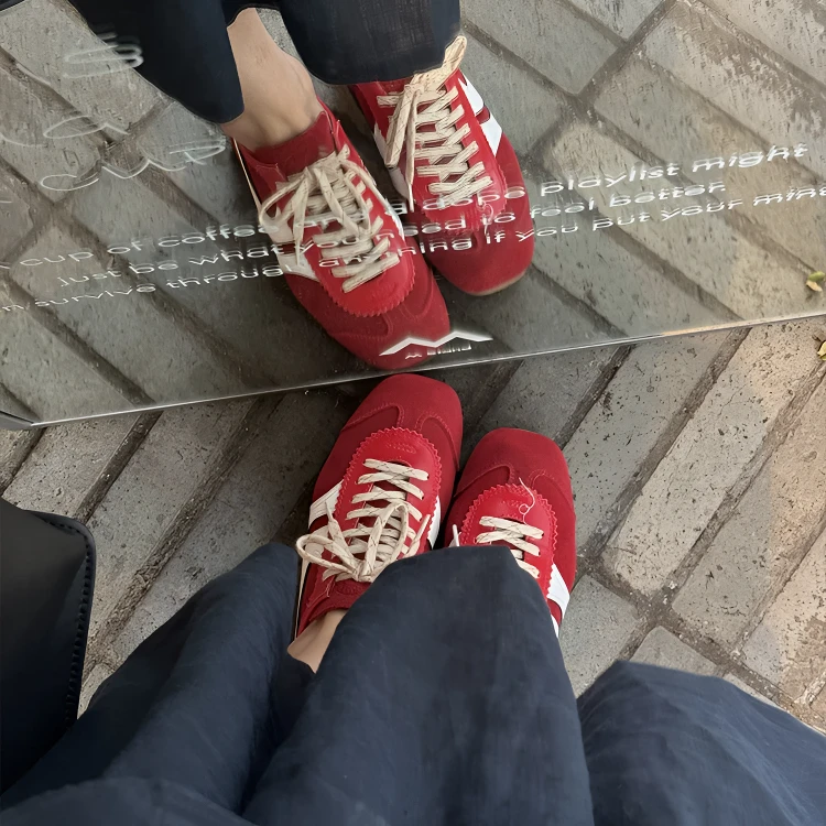 真皮复古德训鞋女内增高春季新款德讯平底休闲运动阿甘鞋红色鞋子