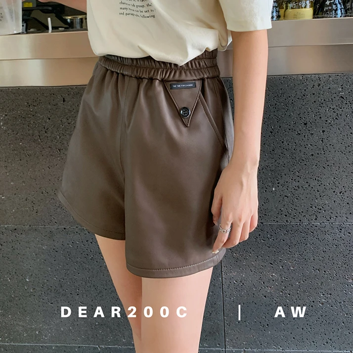 欧货2023秋冬新款进口绵羊皮真皮皮裤a字阔腿短裤靴裤高腰显瘦女