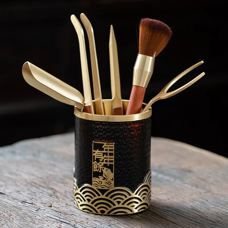 轻奢黄铜茶道六君子套装功夫茶具配件茶夹茶勺茶刀泡茶工具