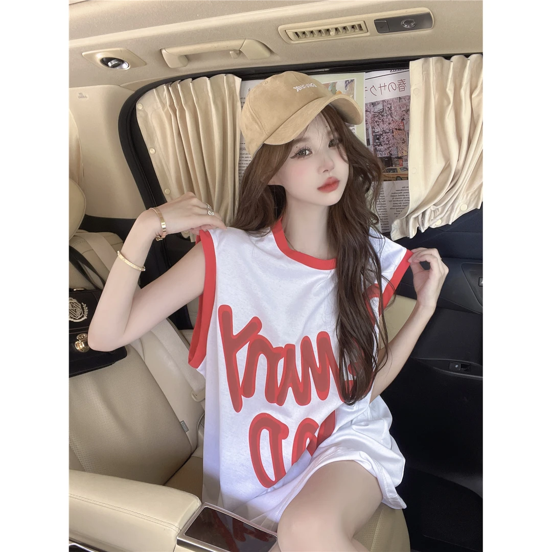 美式运动风无袖背心t恤女夏季新款宽松休闲中长款上衣设计感小众