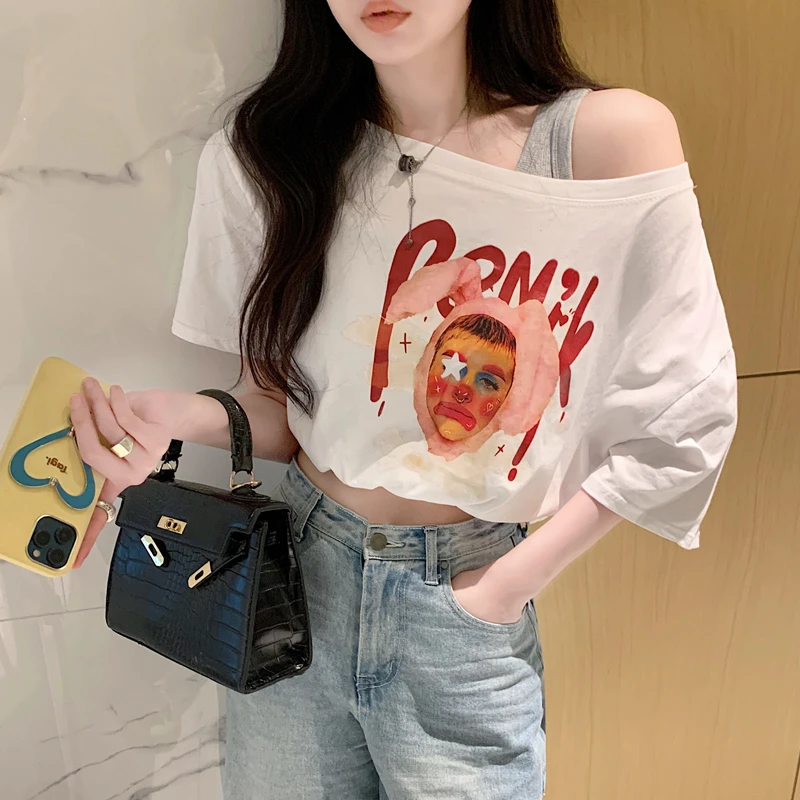 假两件宽松短袖T恤女夏季新款一字肩辣妹短款设计感小众上衣半袖