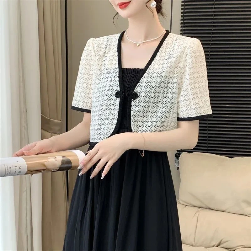 新中式国风短袖女夏季薄款蕾丝外搭开衫配吊带裙小披肩高级感上衣