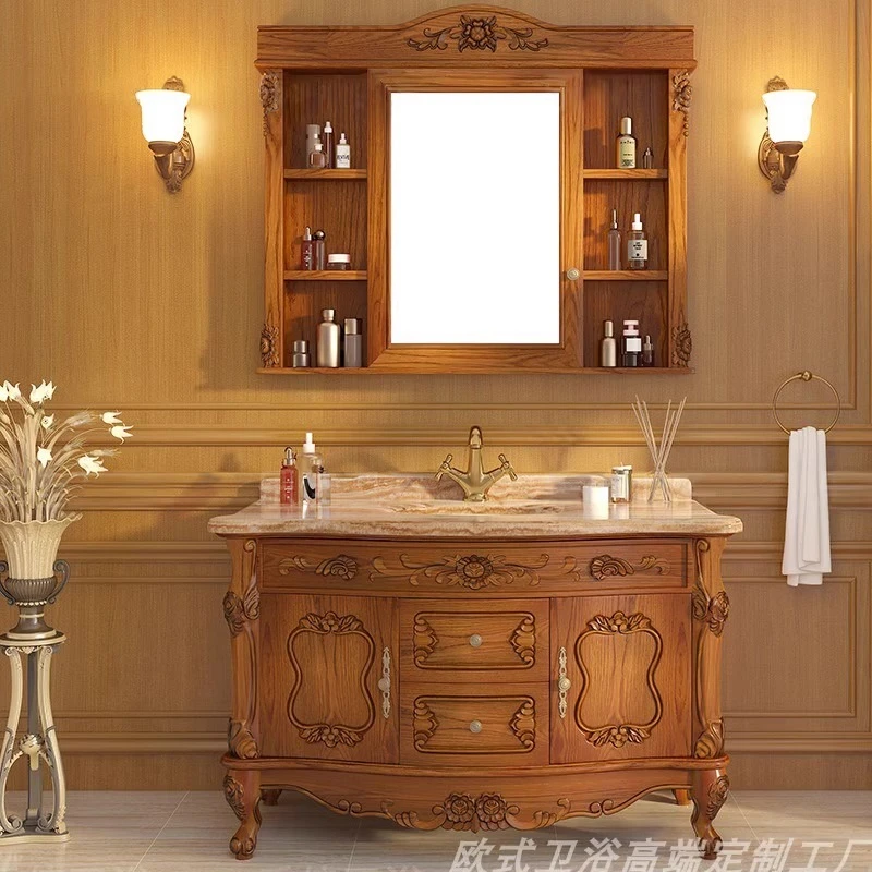 实木欧式浴室柜红橡木卫浴柜卫生间洗手台洗脸盆镜柜组合定制美式