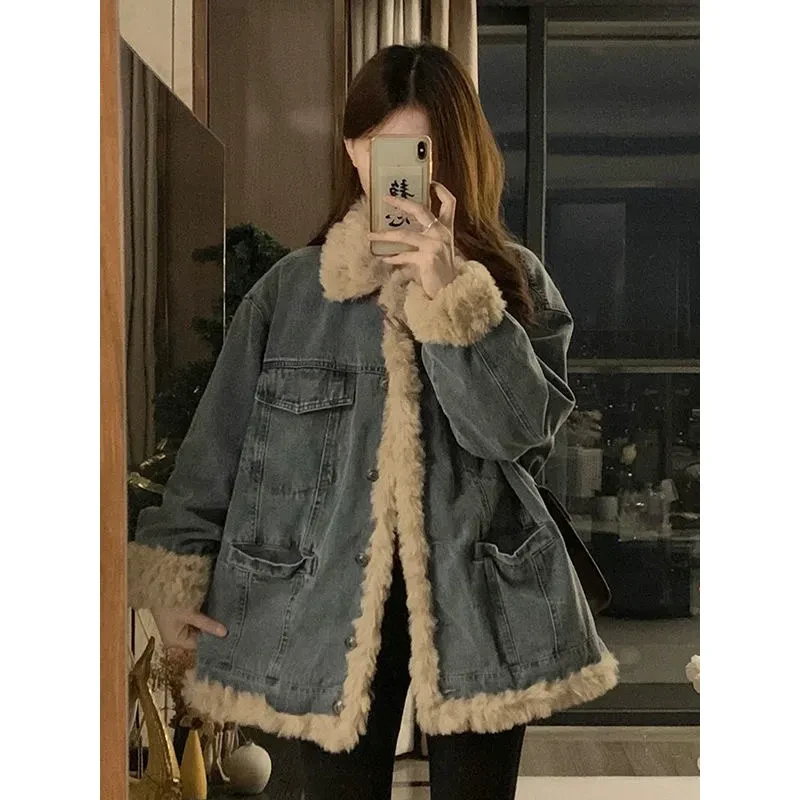 双十二特惠价!冬季爆款羊羔毛加绒加厚牛仔外套女款时尚宽松外套