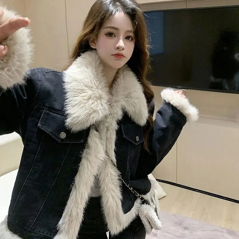 双十二特惠价!冬爆款加绒加厚仿狐毛牛仔外套女款网红冬款小个子