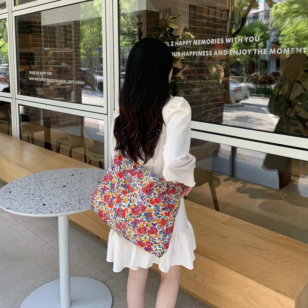 韩国ins同款腋下包女百搭文艺复古单肩碎花包帆布袋