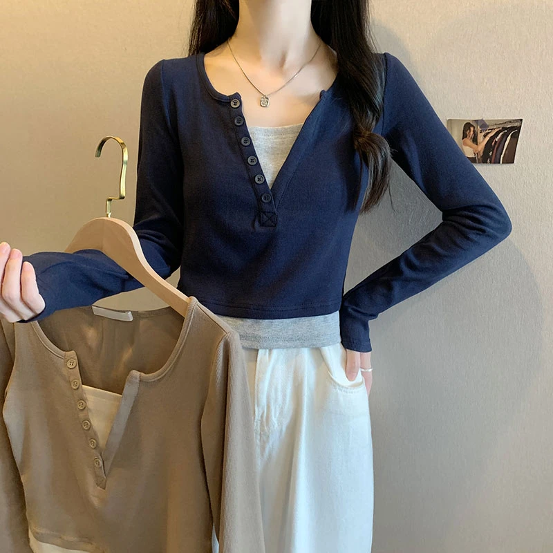 361现货大码女装v领长袖t恤女秋季新款假两件设计感小众百搭上衣