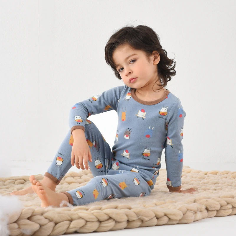 男童内衣套装加厚款男童秋衣秋裤男孩睡衣棉毛衫满印麋鹿内衣套