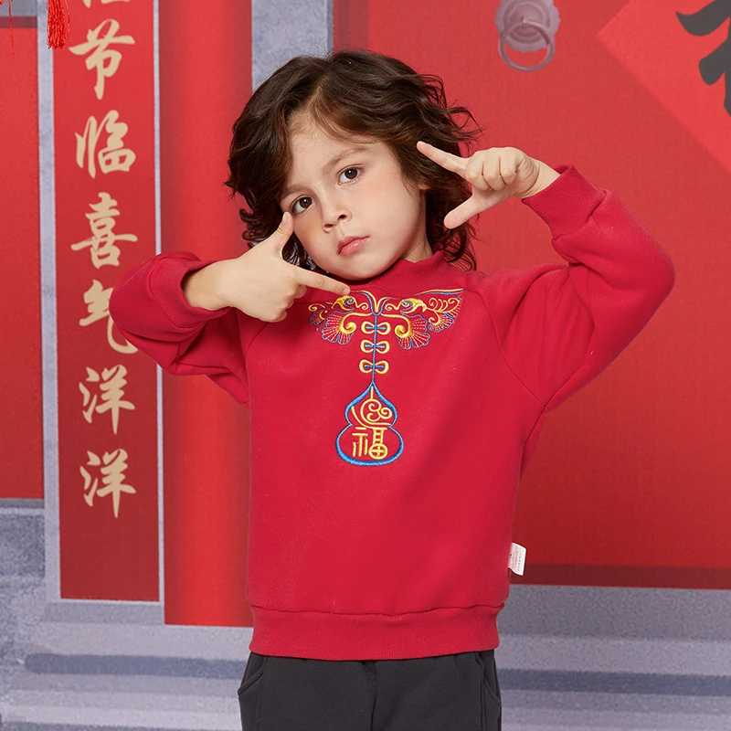 儿童卫衣冬季加绒加厚男童红色拜年服中小童宝宝一体绒保暖上衣潮