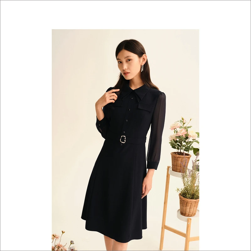 YINER音儿修身秋冬气质优雅A字通勤显瘦黑色法式连衣裙8C62305256