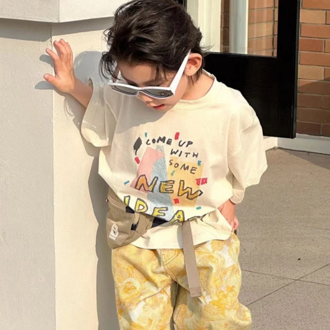 宽松中袖儿童衣服简约帅气卡通印花圆领t桖上衣 C1080 H135