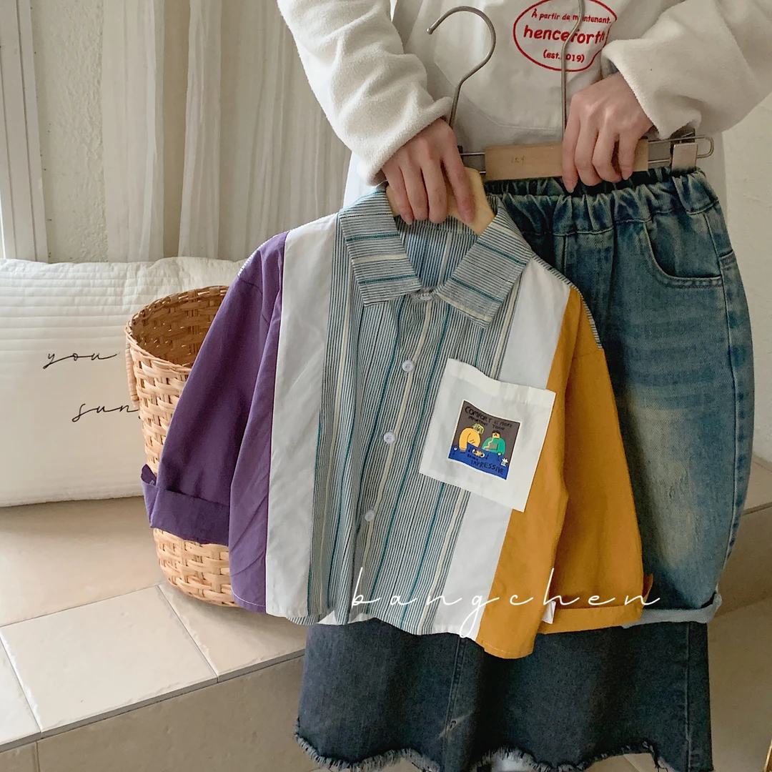 儿童衬衫2024秋款童装开衫衬衣男童纯棉拼色外套潮 g0057 h044