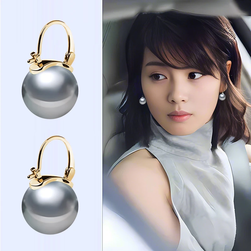 925银耳饰 明星网红耳环纯银防过敏耳扣复古光面耳勾轻奢灰色贝珠